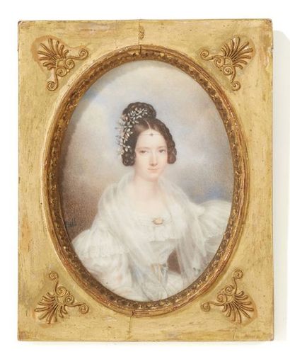 Rodolphe BELL (Payerne,? - 1849) Portrait d'une jeune fille en robe de voile et gaze...