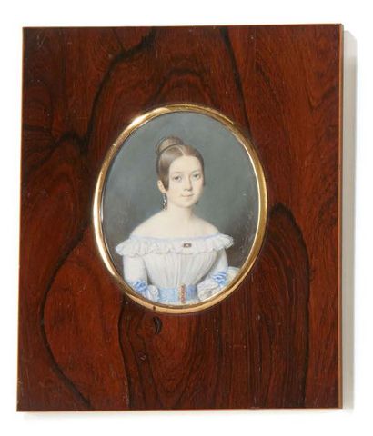 Pierre- Edouard DAGOTY (1775- 1871) Portrait de jeune fille en robe de voile blanc,...