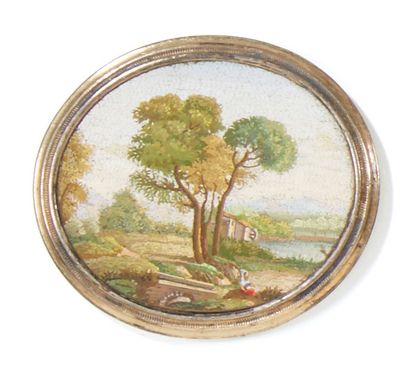 Ateliers Romains, vers 1830-50 Micromosaïque de forme ovale figurant un paysage campagnard,...