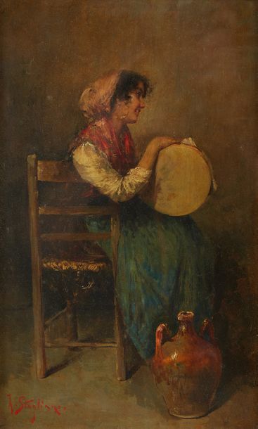 STAGLIANO Arturo (1870 - 1936) La jeune fille au tambourin
Huile sur panneau, signée...