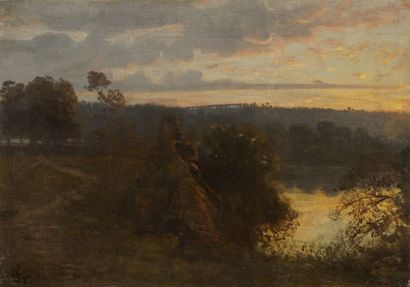 FRANÇAIS François Louis (1814 - 1897) Crépuscule avec un viaduc au loin
Huile sur...