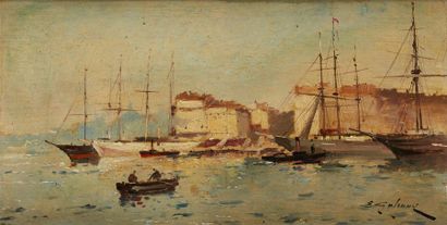 GALIEN-LALOUE Eugène (1854 - 1941) Voiliers au port
Huile sur panneau signée en bas...