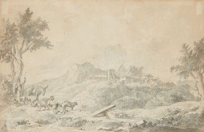 Jan van HUYSUM (Amsterdam 1682 - 1749) Berger menant son troupeau, une ferme fortifiée...