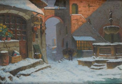 CADEL Eugène (1862 - 1942) Place en hiver
Huile sur toile signée en bas à droite.
Dim.:...