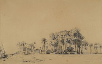 École orientaliste du XIXe siècle Fort et palmeraie en bord de mer
Mine de plomb...