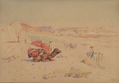 BIRCK Alphonse (1859 - 1942) Chamelier et cavaliers dans le désert
Aquarelle signée...