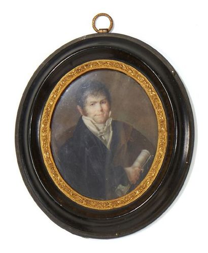 ECOLE FRANCAISE VERS 1805 Portrait d'un compositeur en habit bleu et capote brune...