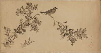 JAPON Trois feuilles de dessin: une sur soie et deux sur papier.
La première (sur...