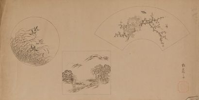 JAPON Trois feuilles de dessin: une sur soie et deux sur papier.
La première (sur...