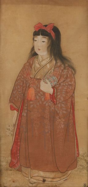 JAPON ou CHINE Encre sur soie (?) Portrait d'une enfant habillée en tenue traditionnelle,...