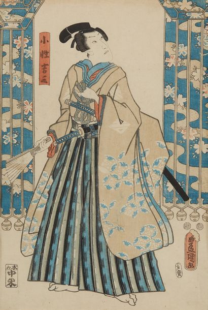 JAPON Deux estampes sur papier représentant des acteurs dont une par Toyokuni Kunisada.
Dim....