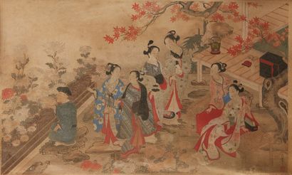 JAPON SUKENOBU NISHIKAWA Estampe figurant une scène animée de plusieurs personnages.
Calligraphie,...