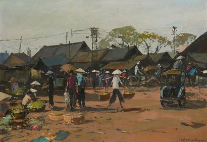 LÊ MINH (1937) 
Huile sur toile représentant une place de marché animée d'étales...