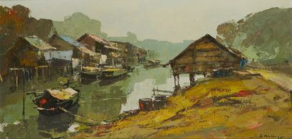 LÊ MINH (1937) 
Peinture sur toile représentant les bords d'une rivière avec maisons...