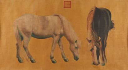 CHINE Grande peinture figurant deux chevaux.
Cachet en haut en rouge.
Travail moderne.
Dim.:...