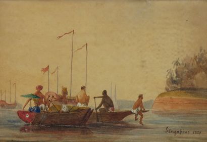 Ecole ANGLAISE, 1859 Pêcheurs en barque à Singapour
Aquarelle
Situé et daté en bas...