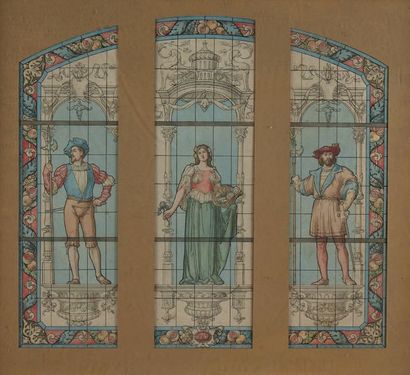 ANONYME Projet de vitrail (?) à l'aquarelle représentant trois personnages en costumes...