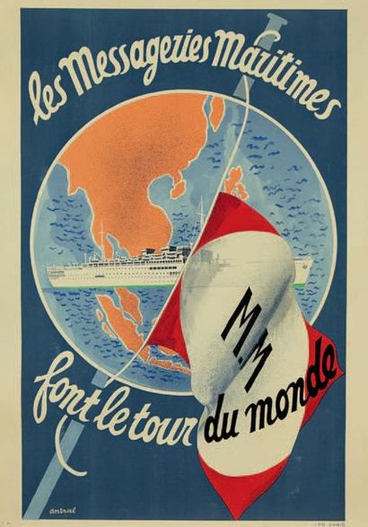 ANTRAL Robert Louis (1895-1940) Affichette Les Messageries Maritimes font le tour...