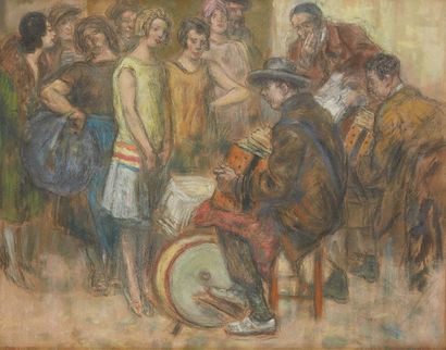 Richard RANFT (1862 - 1931) Scène de rue avec musiciens
Pastel et fusain.
Signé en...
