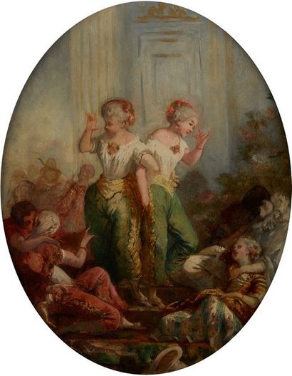 Paul GAVARNI (1804-1866) Scène bal masqué
Huile sur panneau ovale signée en bas à...