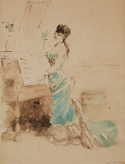 Henry Somm (1844-1907) Deux dessins aquarellés sur papier représentant des élégantes.
Signés...