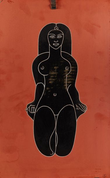Travail 1950-60 Panneau en bois laqué figurant une femme nue. Monogrammé.
Dim.: 48...