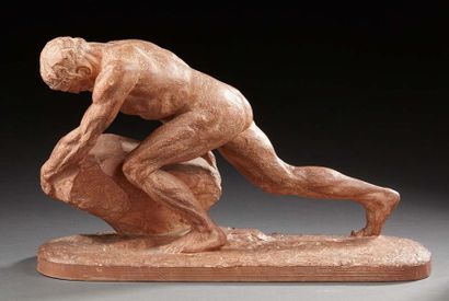 Henri BARGAS (XXe) Sculpture en terre cuite figurant un pousseur de pierre.
Signé...