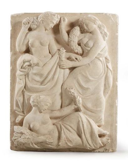 TRAVAIL ANNEES 1930 Bas-relief sculpté en pierre blanche de Lens à décor en relief...