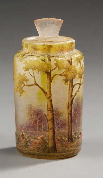 DAUM Nancy Petit flacon en verre doublé à décor dégagé à l'acide d'un paysage lacustre...