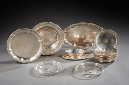 PUIFORCAT Set of dishes, sauce boat, display stands and crystal dishes in solid silver,...