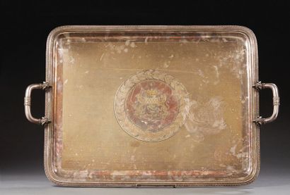 ODIOT Large tray with two silver plated metal handles, engraved and decorated in...