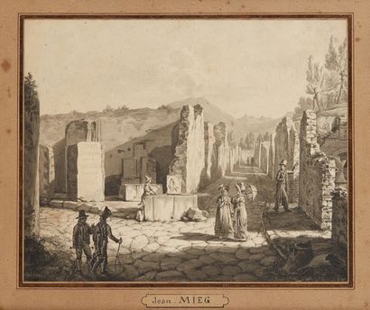 Jean MIEG (Mulhouse 1791-1862) 
Promeneurs dans les ruines de Pompéi
Lavis noir et...