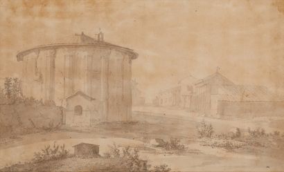 École HOLLANDAISE de la fin du XVIIIe siècle 
Vue de Rome avec un temple antique
Pierre...