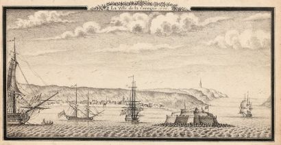 ECOLE FRANCAISE, 1736 
Vue de la ville de la Corogne (Galice)
Plume et encre noire,...