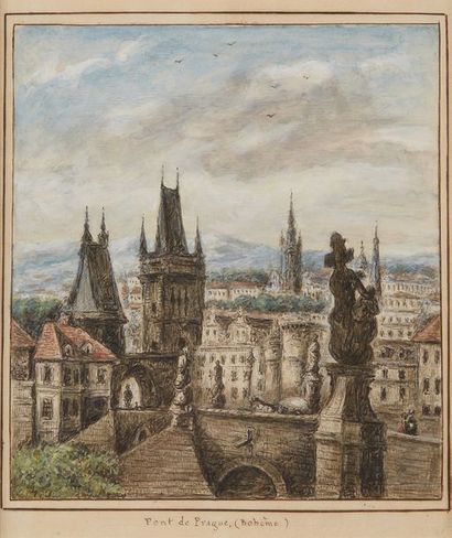 École FRANÇAISE du XXe siècle 
Le pont Charles à Prague
Plume et encre grise, aquarelle.
21,5...