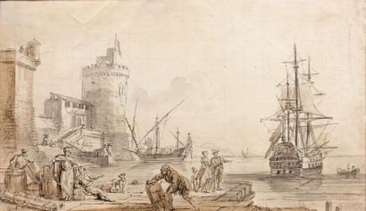 Jean-Baptiste LALLEMAND (Dijon 1716-Paris 1803) 
Scène de port oriental
Plume et...