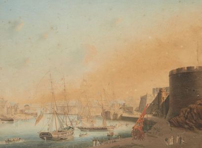 École Française du XIXe siècle 
Animated port views.
Pair of watercolours.
42 x 56.5...