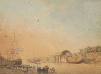 École Française du XIXe siècle 
Animated port views.
Pair of watercolours.
42 x 56.5...
