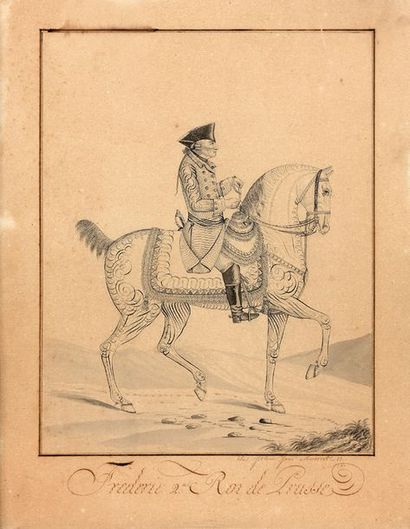 AUVREST (Actif au XVIIIe siècle) 
Frédéric II à cheval, de profil
Plume et encre...