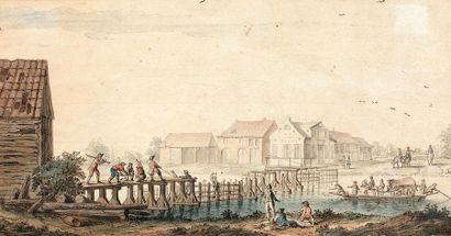 École HOLLANDAISE du XVIIIe siècle 
View of a village
The construction of a wooden...