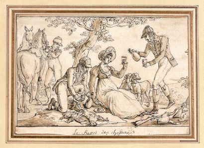 Claude Louis DESRAIS (Paris 1746-1816) 
Le repos des chasseurs
Plume et encre noire,...