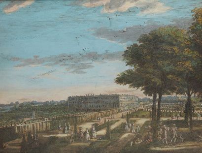 ÉCOLE ANGLAISE vers 1800 
Promeneurs dans les jardins de Hampton Court
Plume et encre...