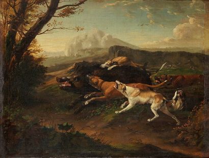 Attribué à Abraham HONDIUS (1625-1691) 
The hallali of the wild
boar Canvas.
77 x...