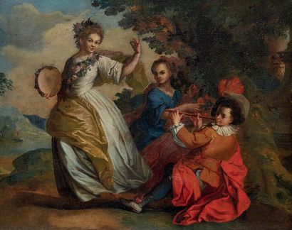 École turinoise du début du XVIIIe siècle 
tambourine player and flutist
Canvas.
86.5...