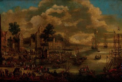 Pieter CASTEELS II le JEUNE (Actif à Anvers vers 1650-1674) 
Vue d'un port marchand
Toile.
30,5...
