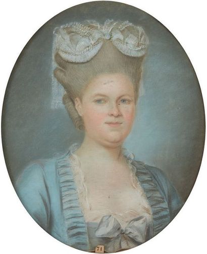 Ecole Francaise vers 1780 
Portrait de femme à la robe bleue.
Portrait d'homme en...