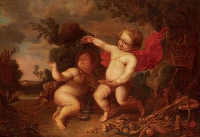 Ecole GENOISE du XIXe siècle 
Putti playing with bubbles
on his original canvas.
72...