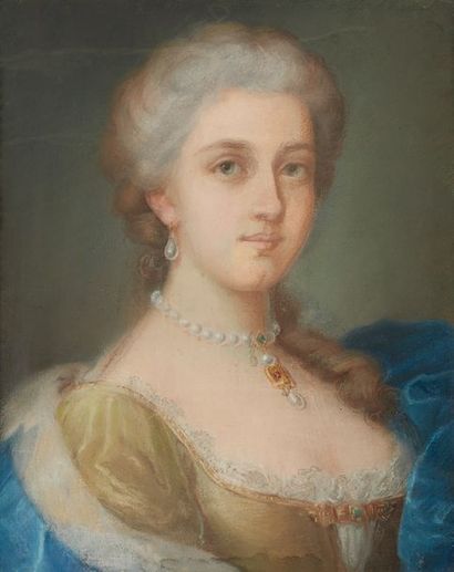 École Française du XIXe siècle, dans le goût du XVIIIe siècle 
Portrait de femme
Pastel.
49...