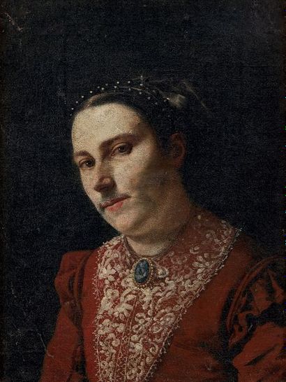 Ecole ITALIENNE vers 1850 
Portrait de femme à la robe rouge
Toile.
32,5 x 24,5 ...