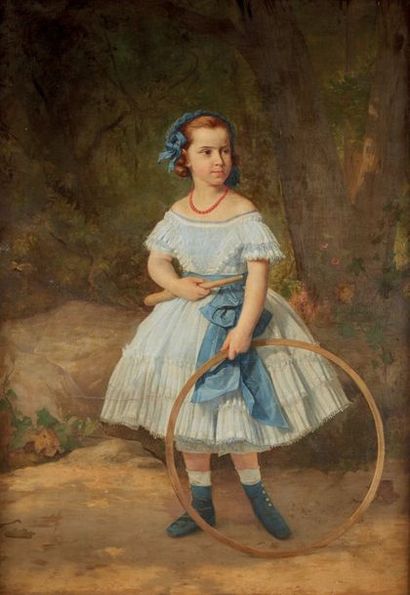 Jules RICHOMME (Paris 1818-1903) 
Petite fille et son cerceau
Toile.
Daté et signé...